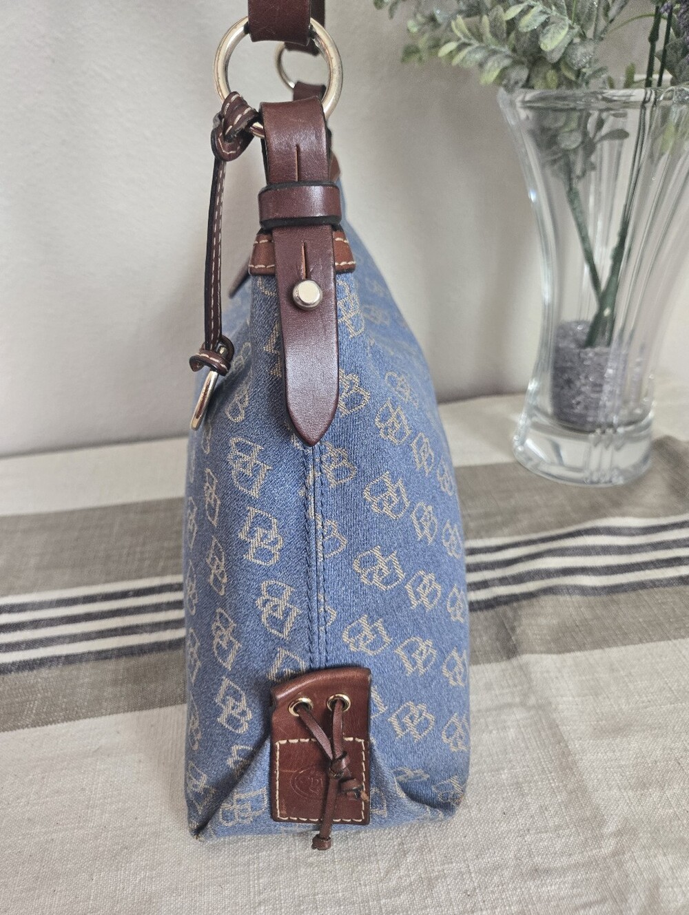 Dooney & Bourke Blue Denim Logo Hobo with Brown Trim, Medium East/West Slouch - Picture 9 of 17